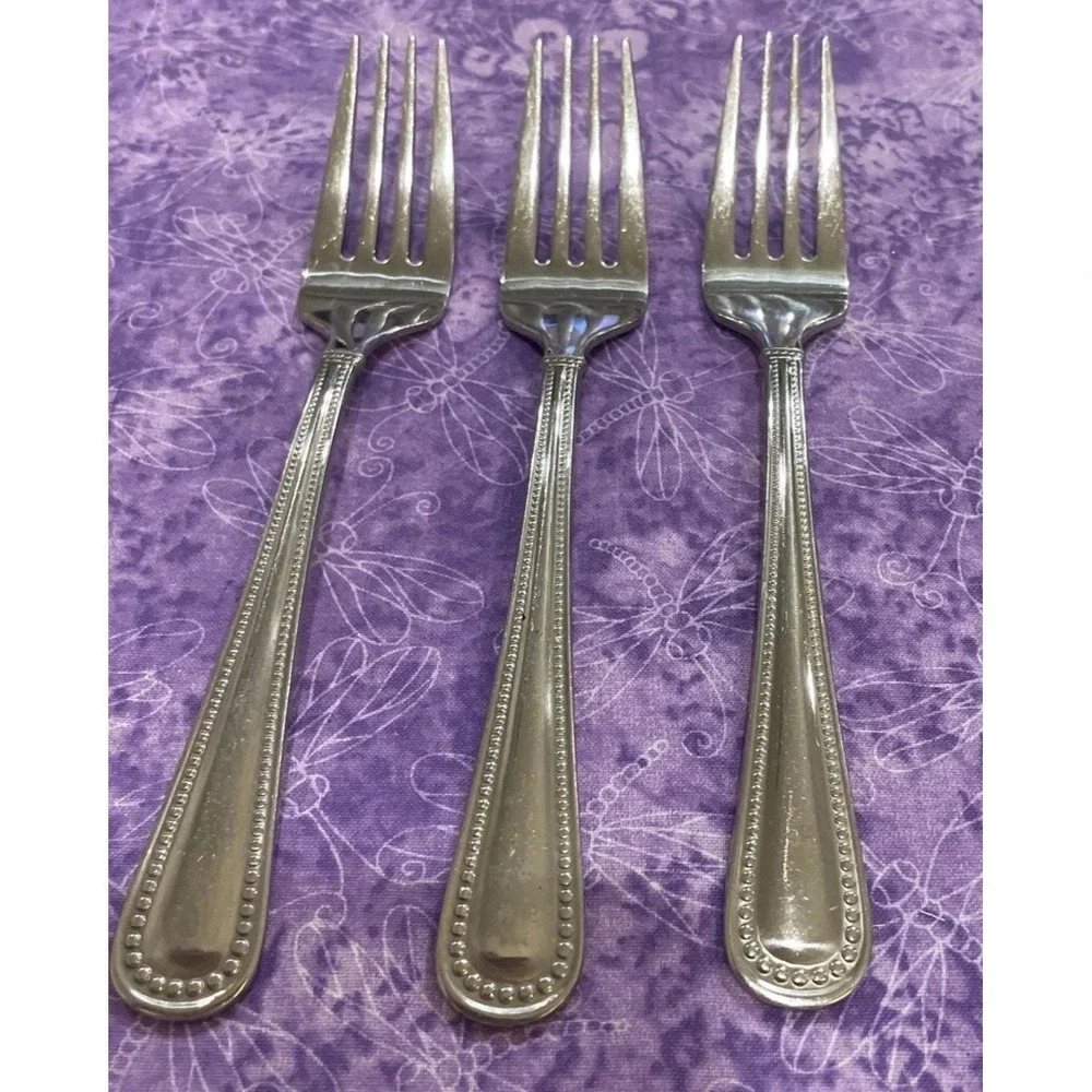 Reed & Barton Kendall Stainless Salad Forks 3 Piece Set Beaded Outline Flatware‎